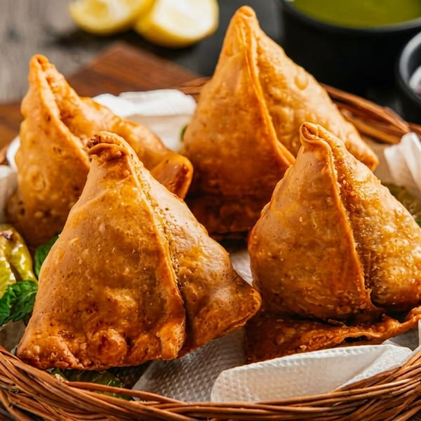 Golden-brown samosas in a woven basket, served with mint, chilies, lemon, and two dipping sauces.