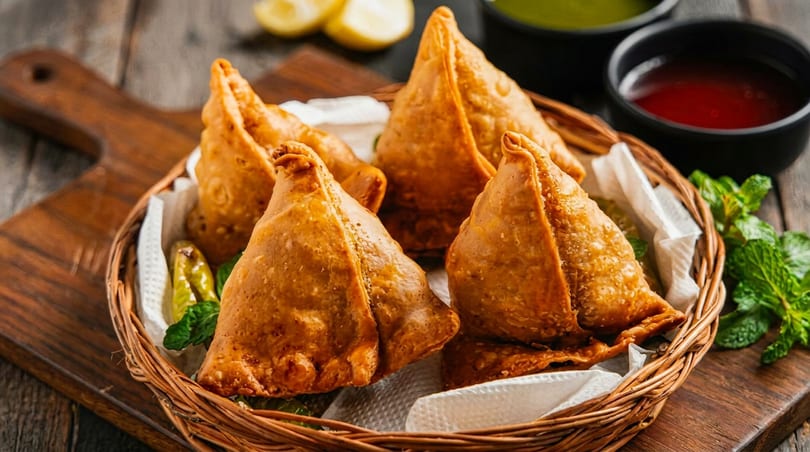 Golden-brown samosas in a woven basket, served with mint, chilies, lemon, and two dipping sauces.