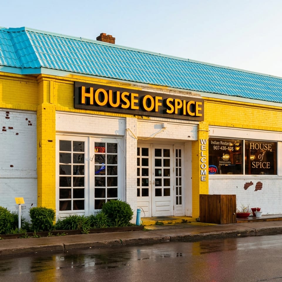 House of Spice restaurant exterior with bright yellow walls, blue roof, white doors, and wet pavement.