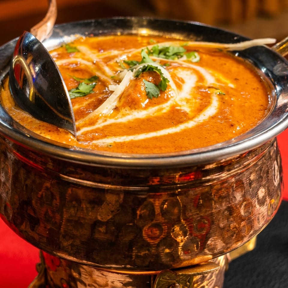 Rich orange curry with cream swirls and green garnish in a traditional copper serving pot.