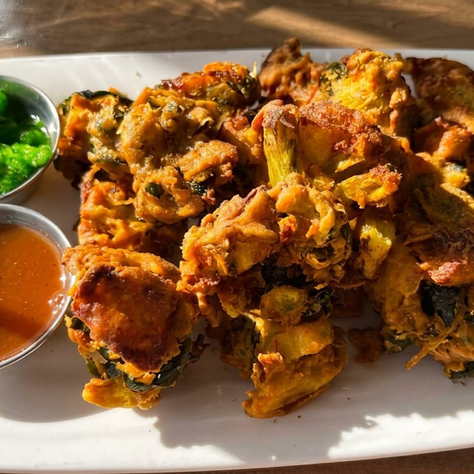 Plate of golden-brown pakoras with green chutney and tamarind sauce on a white plate.